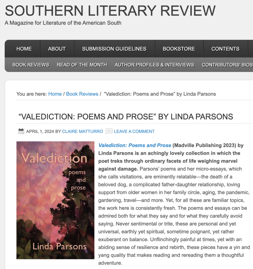 Screen capture of the beginning of a review of Linda Parsons' poetry collection, VALEDICTION